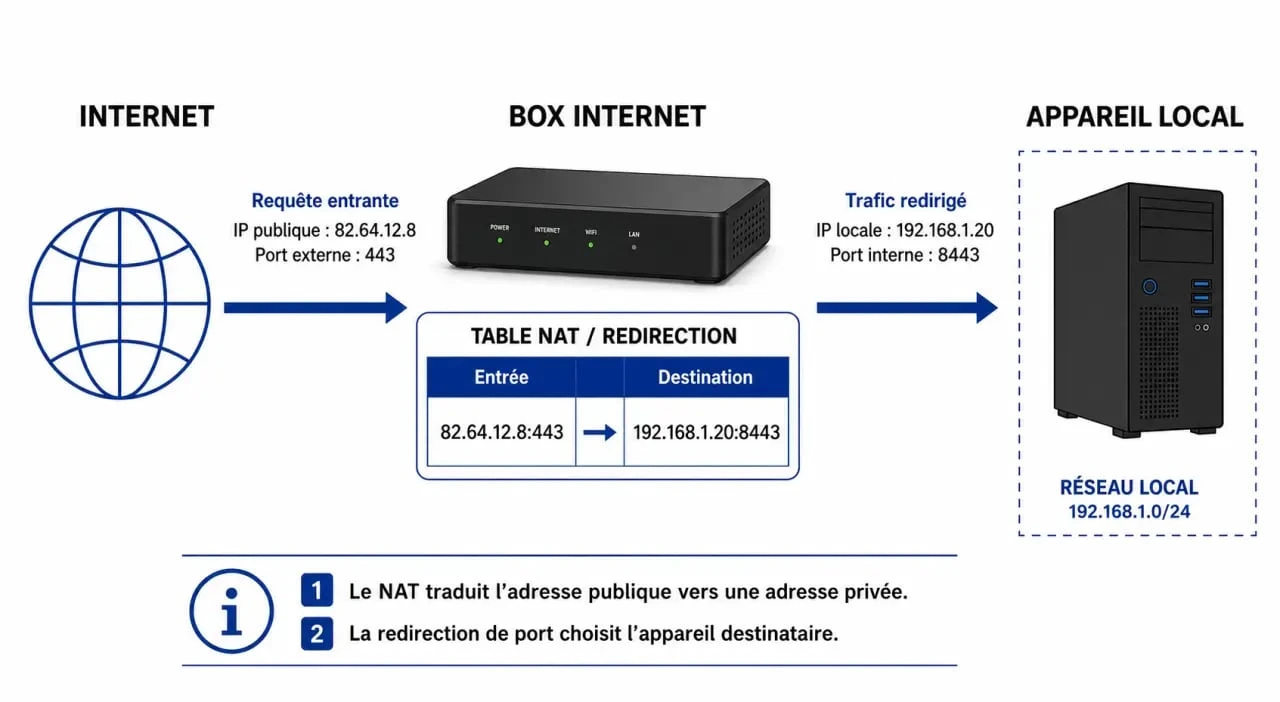 Schéma explicatif de la redirection de port NAT/PAT sur une Livebox Orange