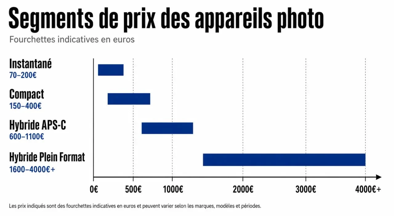 Infographie comparative des prix des appareils photo par gamme et type d'utilisation