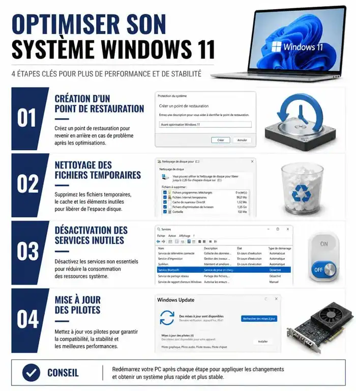 Infographie des étapes pour optimiser Windows 11 avec un logiciel d'optimisation