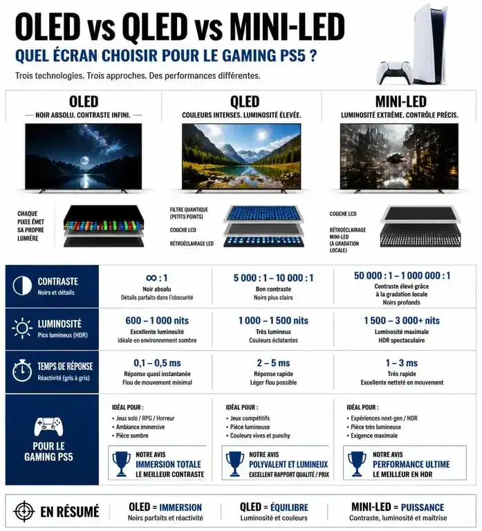 Comparatif des technologies d'écran OLED, QLED et Mini-LED pour une TV PS5