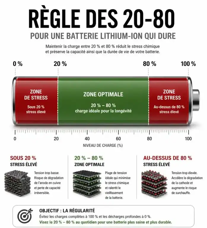 Infographie illustrant la règle des 20-80 pour optimiser la durée de vie de la batterie iPhone