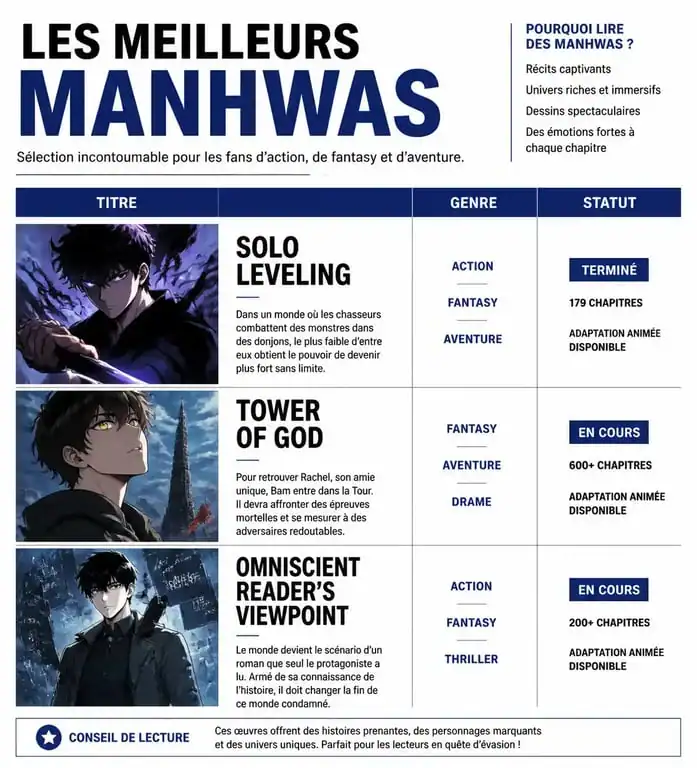 Infographie récapitulative des meilleurs manhwas incontournables et top manhwa à lire.
