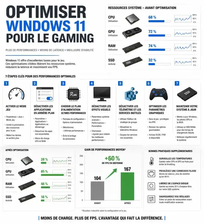 Infographie des étapes pour optimiser Windows 11 pour le gaming