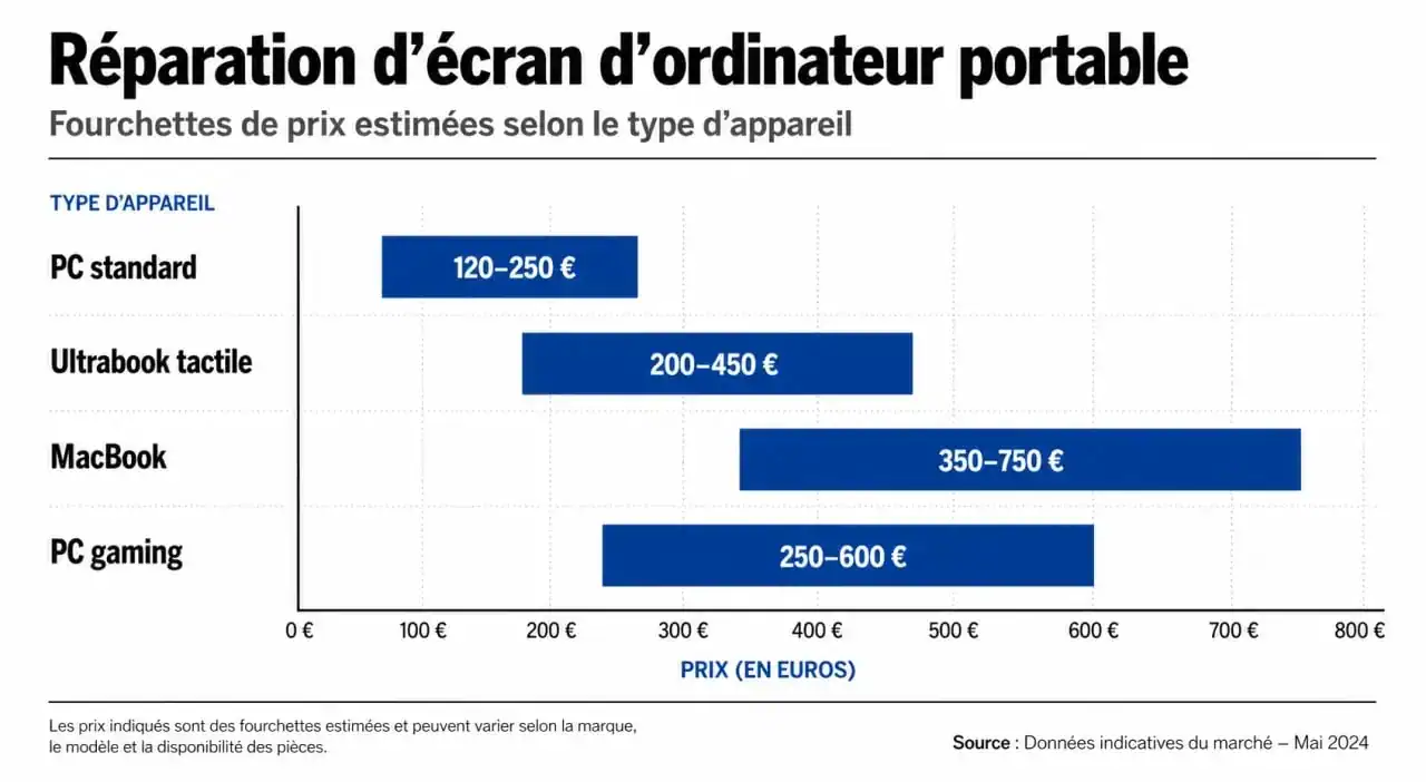 Infographie des prix pour réparer un écran d'ordinateur portable selon le modèle