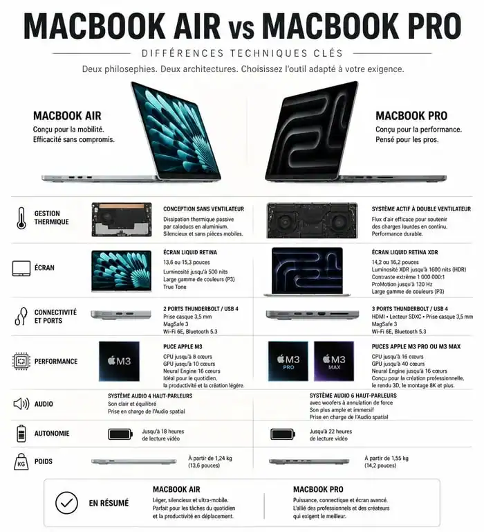 Comparatif technique MacBook Air vs MacBook Pro : différences de performances et d'écran