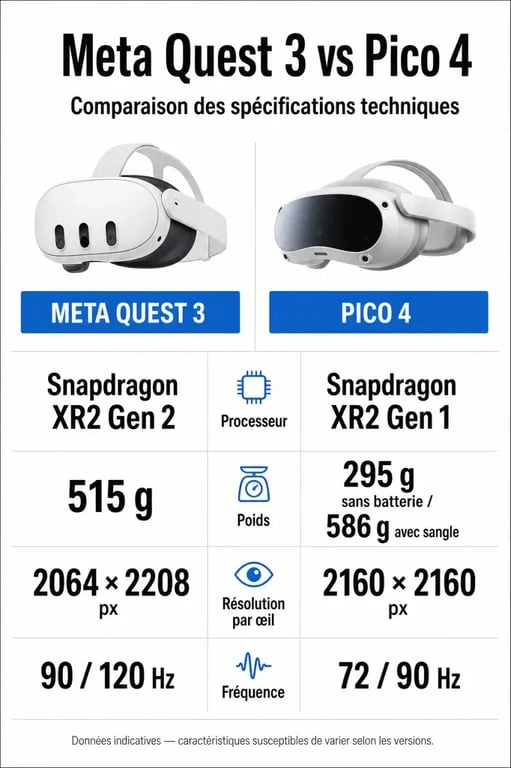 Comparatif technique Meta Quest 3 vs Pico 4 : processeur, poids et résolution