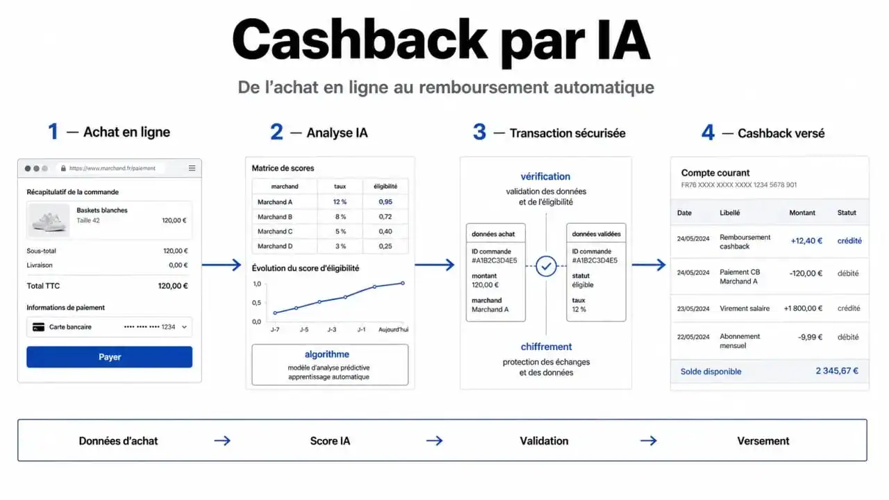 Schéma explicatif du fonctionnement de Neura Tech et de son intelligence artificielle pour le cashback