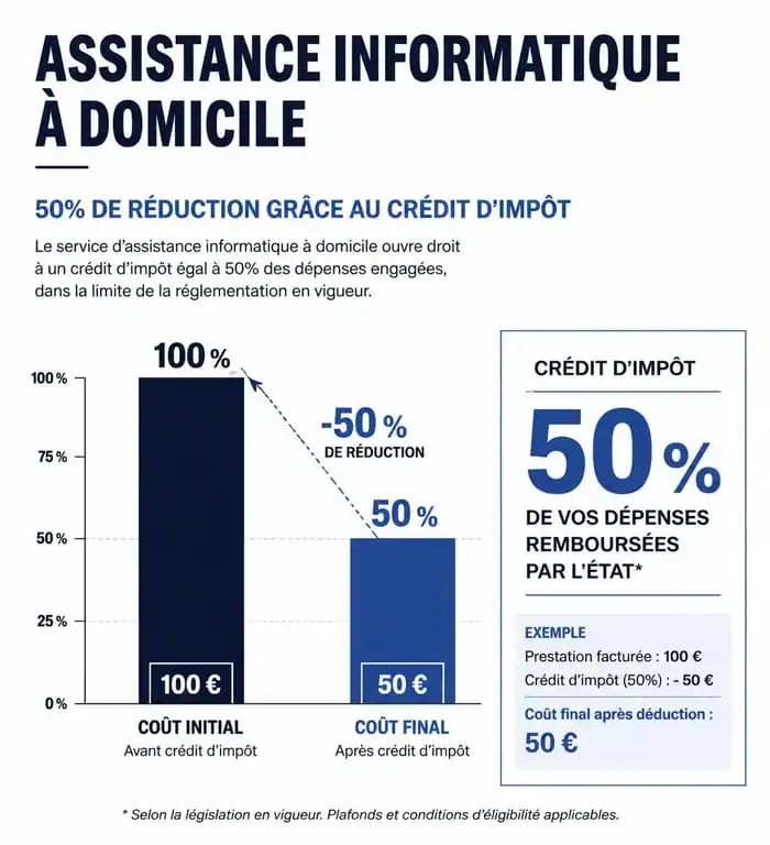 Infographie illustrant le crédit d'impôt de 50% sur l'assistance informatique à domicile