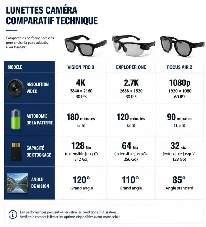 Infographie comparative des caractéristiques techniques des lunettes caméra : résolution, autonomie et stockage.