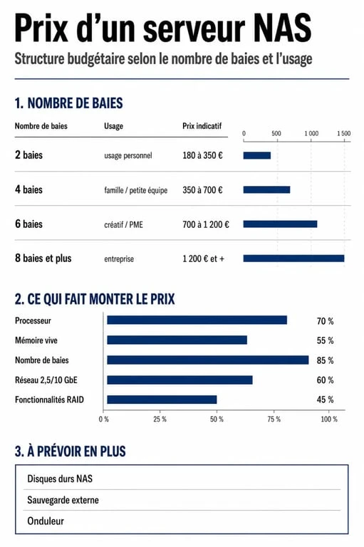 Infographie comparative des prix et usages des serveurs NAS selon le nombre de baies