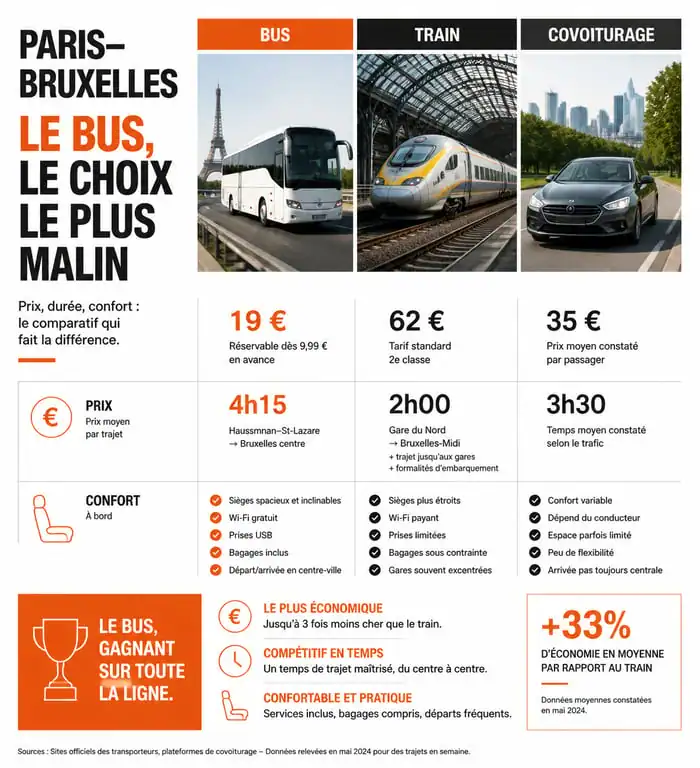 Comparatif des moyens de transport pour un billet Paris-Bruxelles en bus, train ou covoiturage