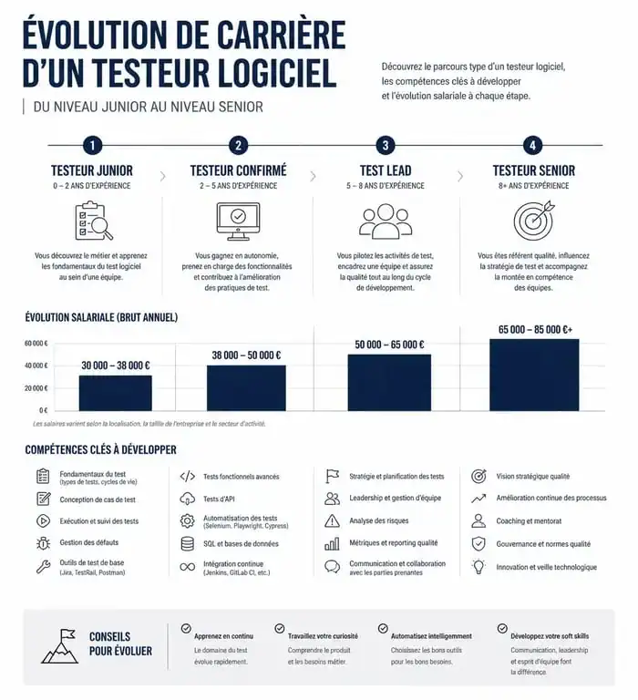 Infographie sur l'évolution de carrière et les salaires d'un testeur logiciel