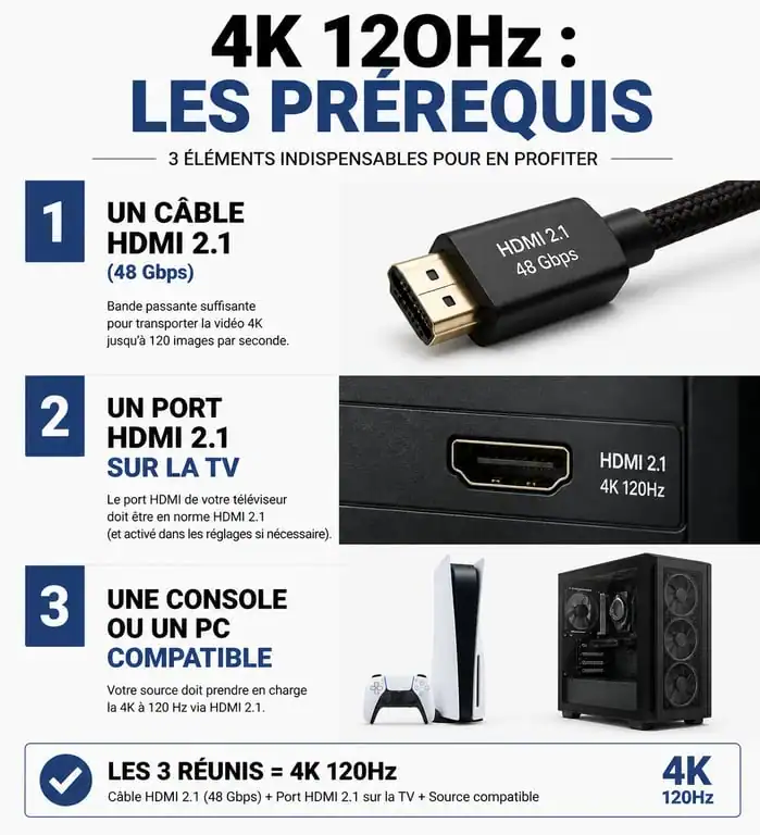 Infographie des prérequis techniques pour profiter du 4K 120Hz sur votre écran