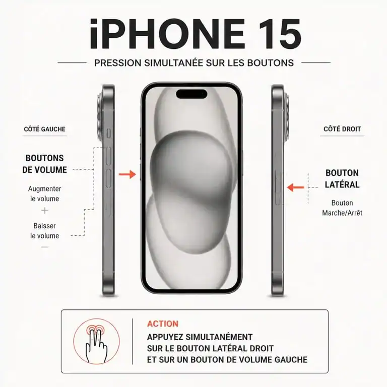 Schéma illustrant comment éteindre un iPhone 15 en appuyant sur les boutons latéraux