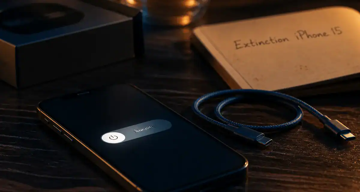 Éteindre iPhone 15 : écran “Éteindre” et câble USB-C sur table.