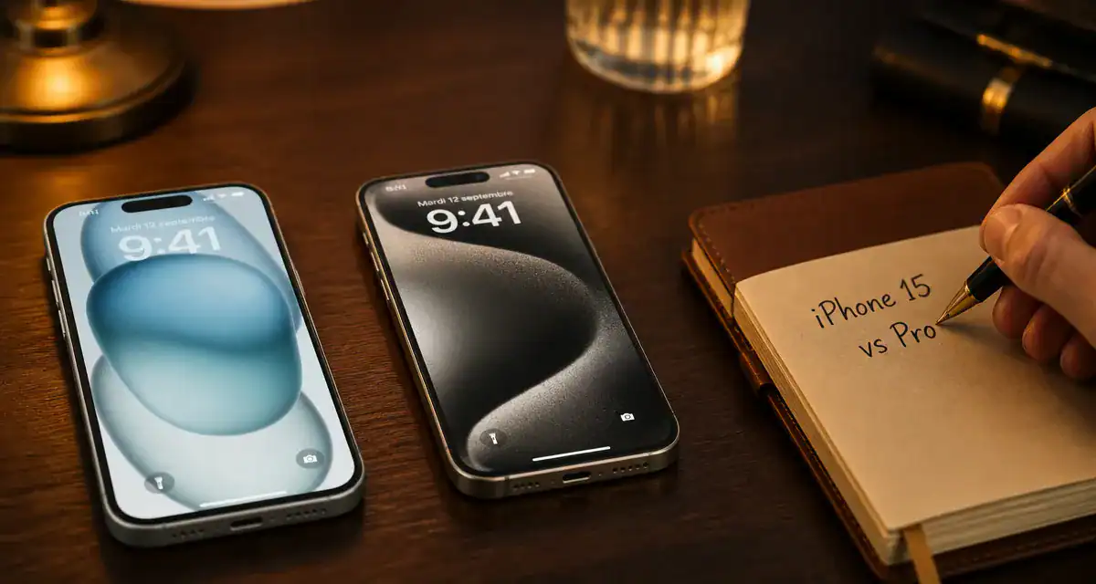 iphone 15 vs 15 pro côte à côte sur table