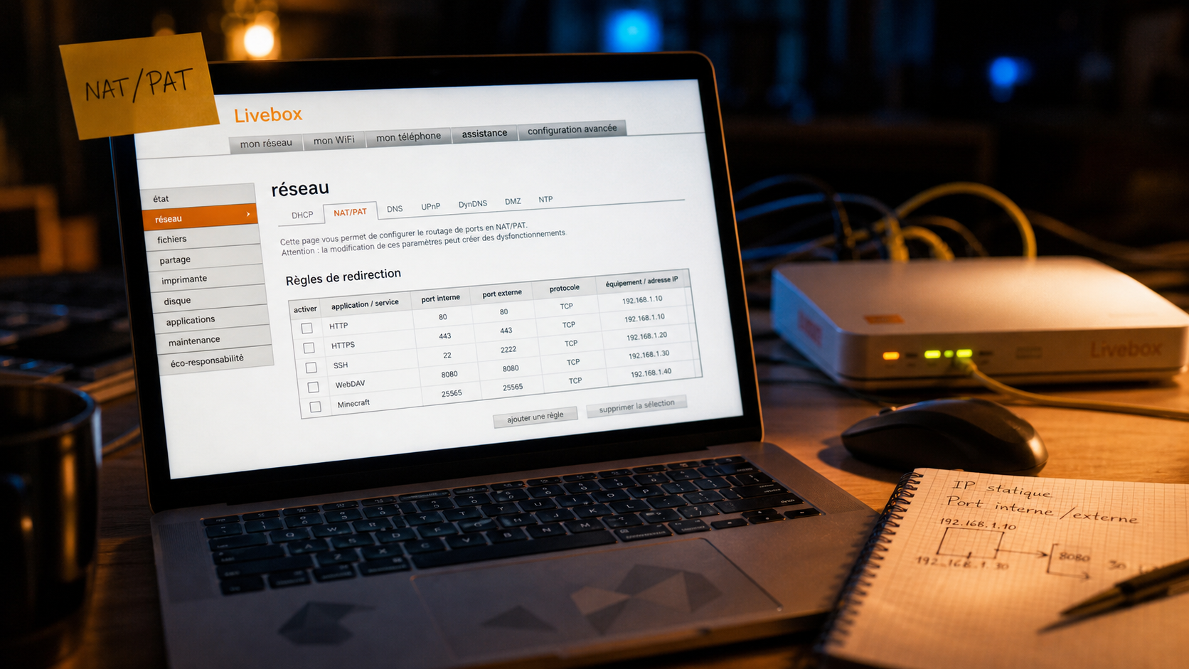 Livebox ouvrir un port NAT/PAT, écran configuration
