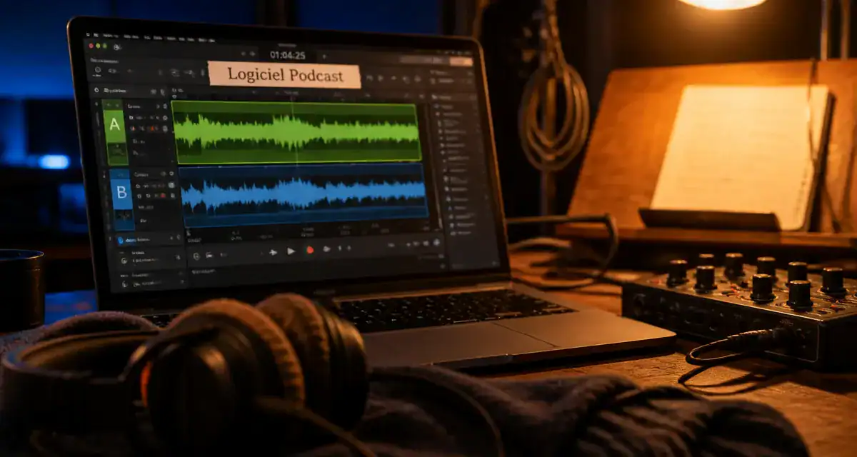 Logiciel podcast sur ordinateur portable : montage audio pour station de travail