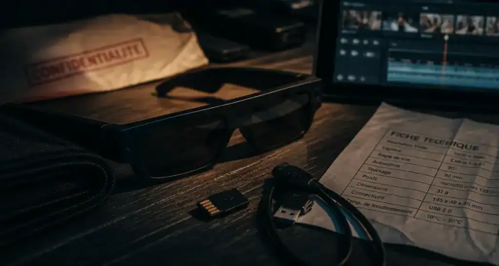 Lunette caméra discrète avec objectif dissimulé, microSD et câble USB
