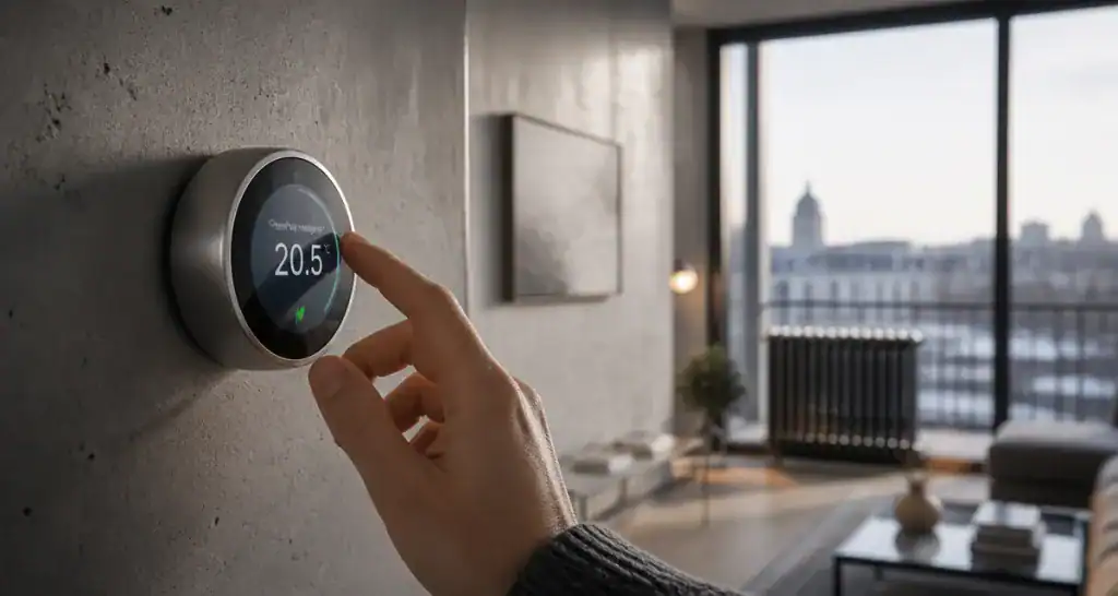 Meilleur thermostat connecté sur mur béton avec main ajustant