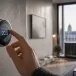 Meilleur thermostat connecté sur mur béton avec main ajustant