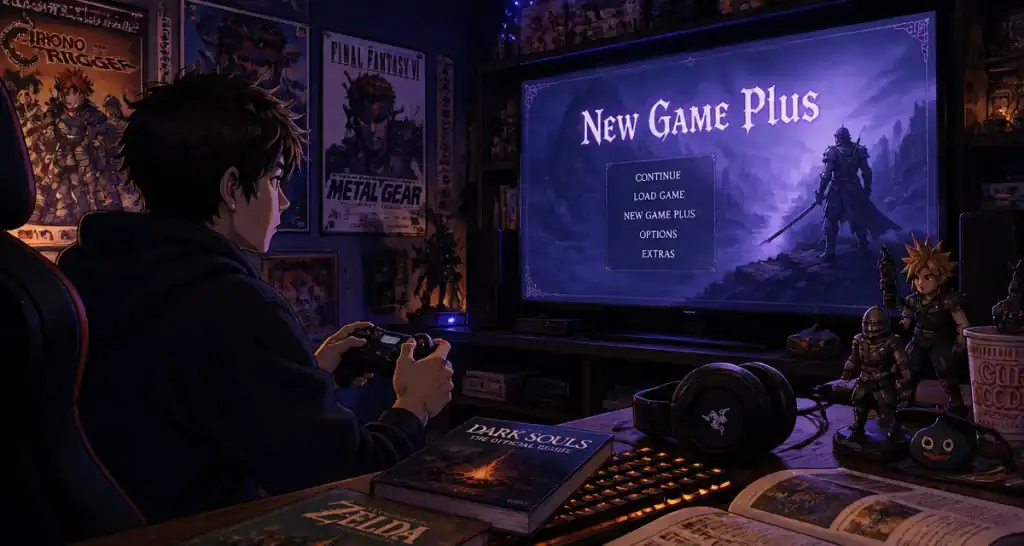 New Game Plus joueur devant écran