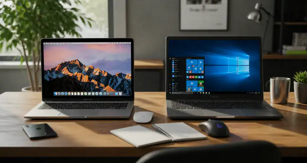 pc & mac côte à côte sur un bureau moderne