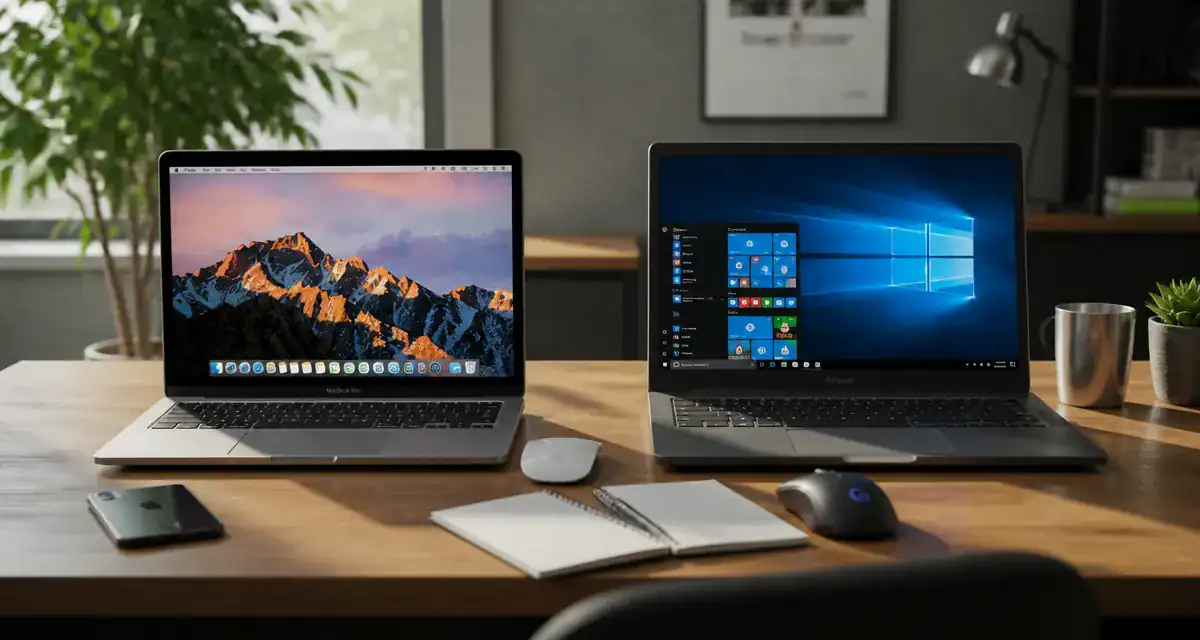 pc & mac côte à côte sur un bureau moderne