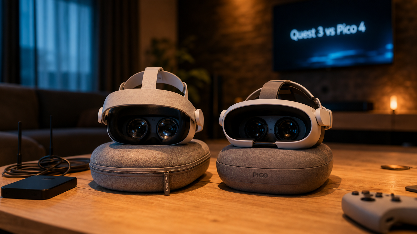 Pico 4 vs Quest 3 : casques VR sur table, comparaison.