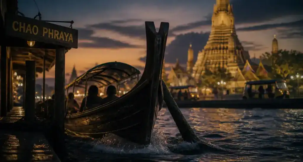 Que faire à Bangkok : quai Chao Phraya au crépuscule, Wat Arun, tuk-tuks