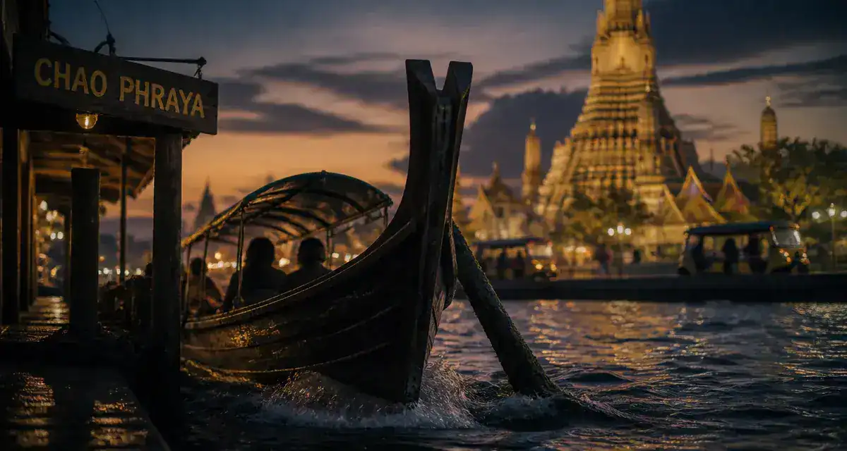 Que faire à Bangkok : quai Chao Phraya au crépuscule, Wat Arun, tuk-tuks