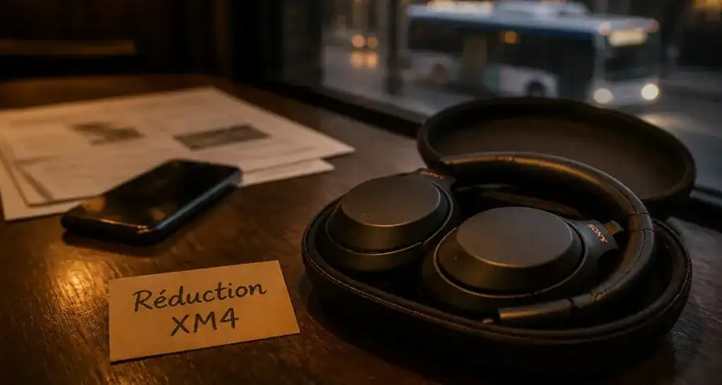 Sony WH-1000XM4 avis : casque Sony sur table, réduction active