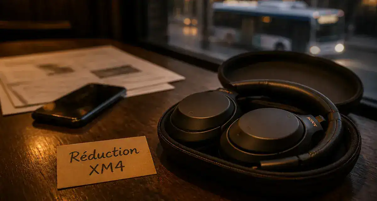 Sony WH-1000XM4 avis : casque Sony sur table, réduction active