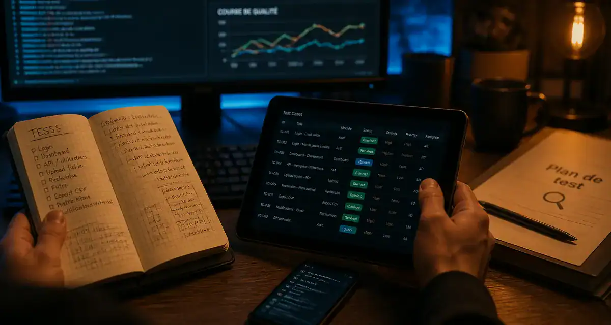 Testeur logiciel QA sur un bureau, tests et plan de test
