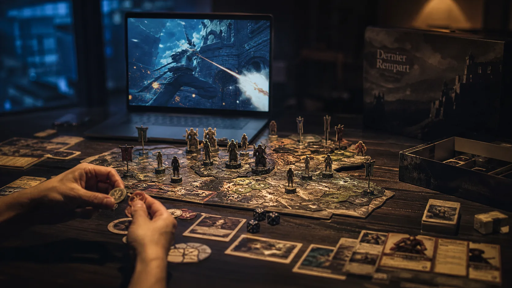 Attaque des titans jeux : plateau Dernier Rempart sur table avec figurines, dés et écran portable