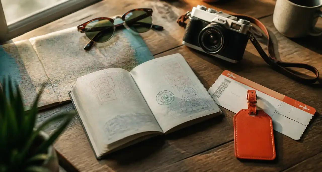 Carnet de voyage : passeport, carte et appareil photo sur un bureau en bois