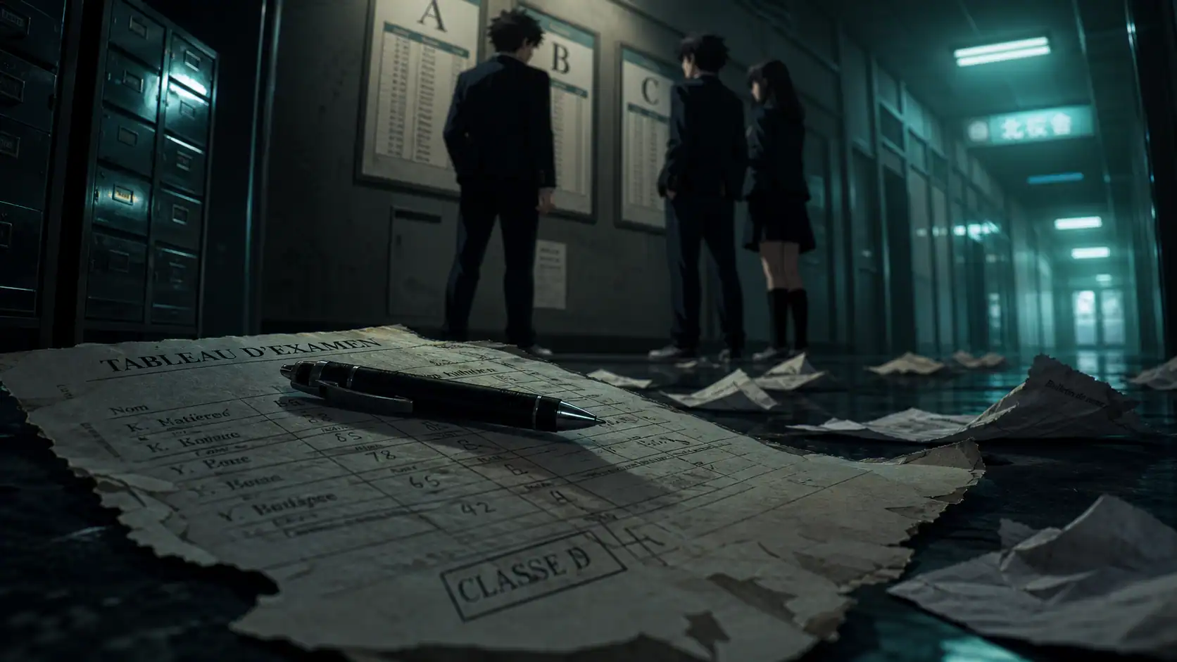 Classroom of the elite personnage : rivalités Ayanokouji, Horikita et Ryuuen au tableau Classe D