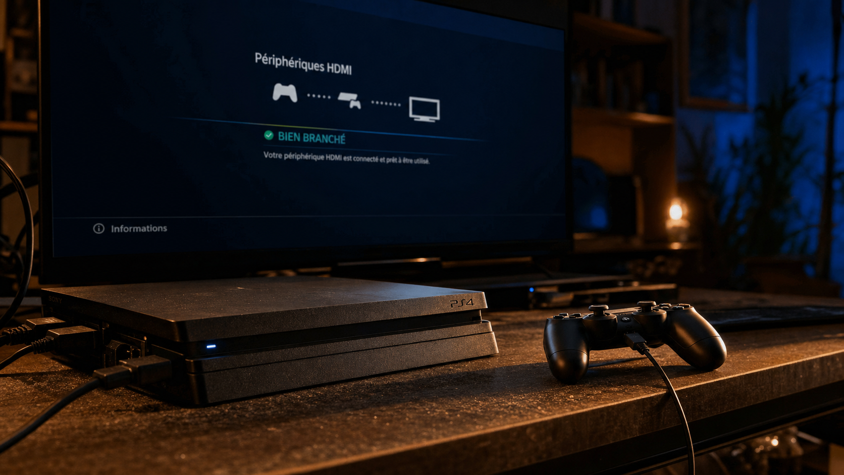 Comment allumer une PS4 : voyant allumé, câbles HDMI et alimentation connectés