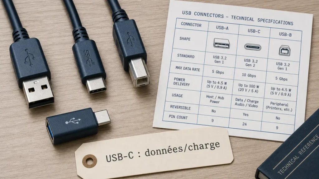Différente prise USB : USB-A, USB-B, USB-C, mini et micro-USB