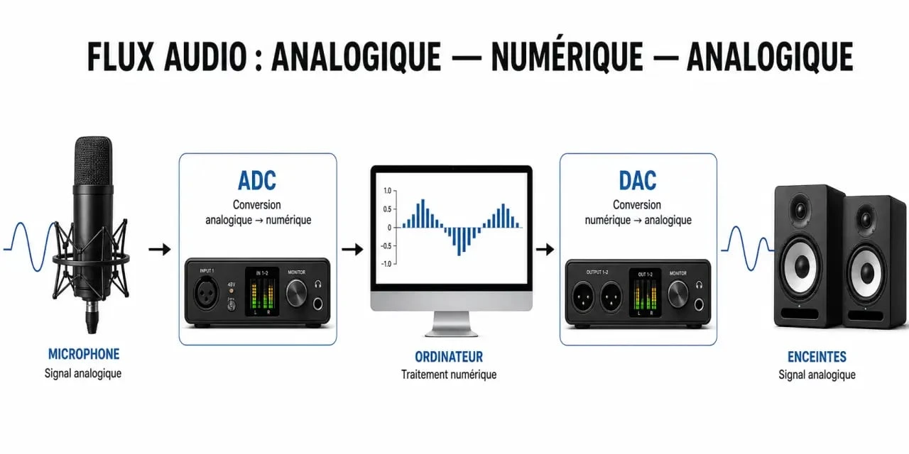Schéma de fonctionnement d'une carte son : conversion analogique-numérique et numérique-analogique