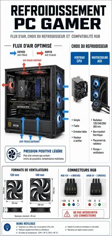 Infographie sur le refroidisseur PC gamer, comparant ventirad, watercooling et flux d’air