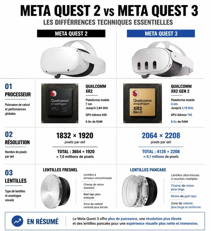 Comparatif technique Meta Quest 2 vs Meta Quest 3 : différences de processeur, résolution et lentilles pour choisir son casque VR.