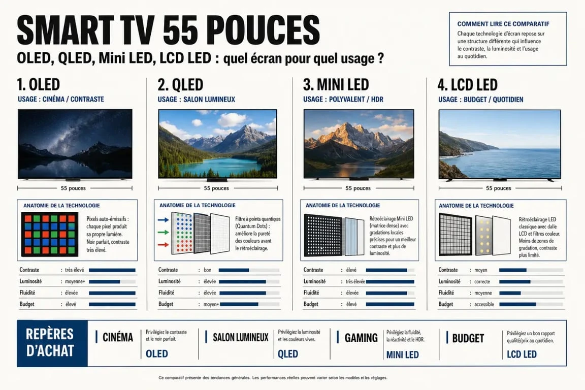 Comparatif du meilleur smart tv selon l’usage : OLED, QLED, Mini LED et LCD LED