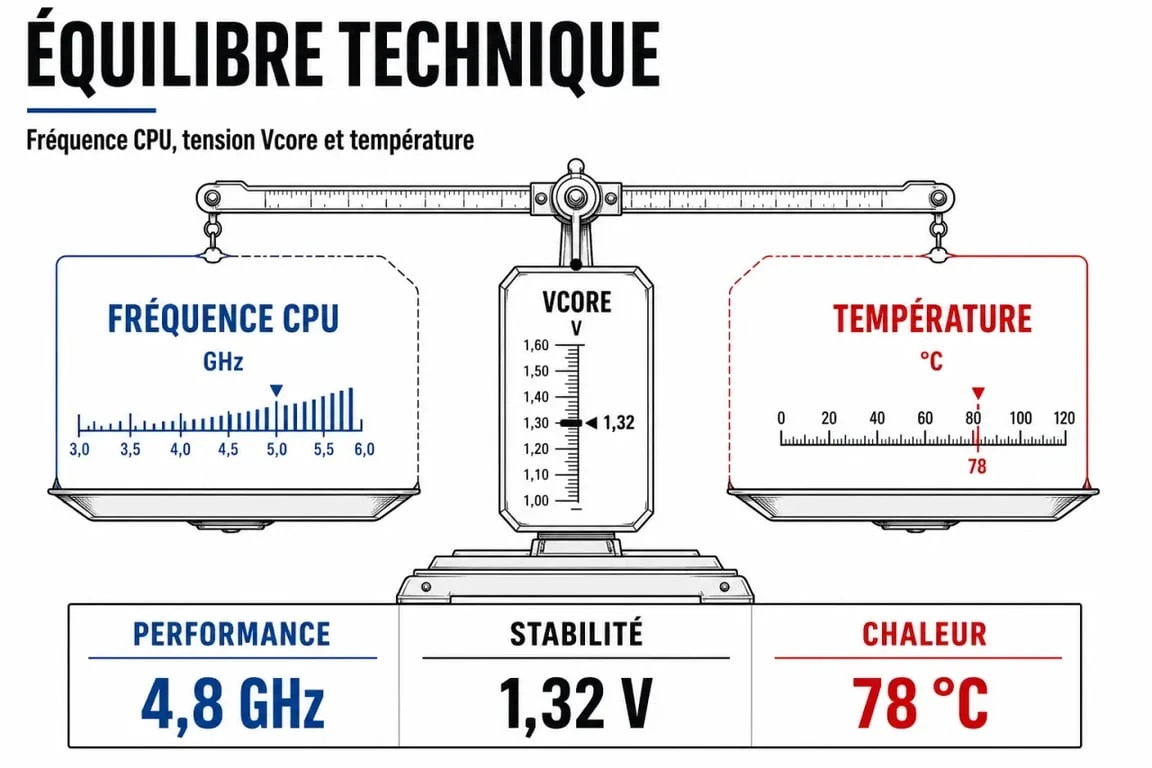Schéma illustrant l'équilibre entre fréquence, tension et température pour l'overclocking processeur