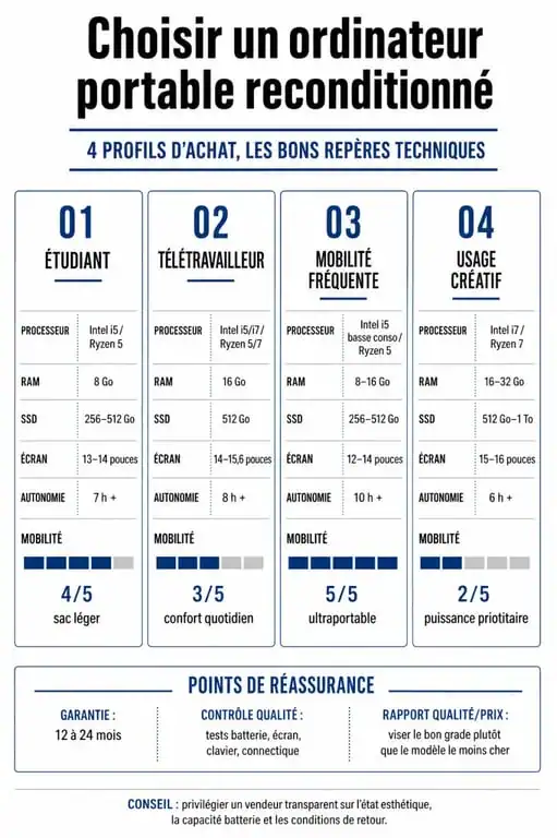 Infographie sur le meilleur ordinateur portable reconditionné selon le profil d’usage et le budget