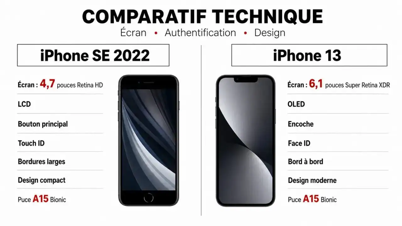 Infographie comparative des caractéristiques techniques pour un avis sur l'iPhone SE 2022 face à l'iPhone 13.