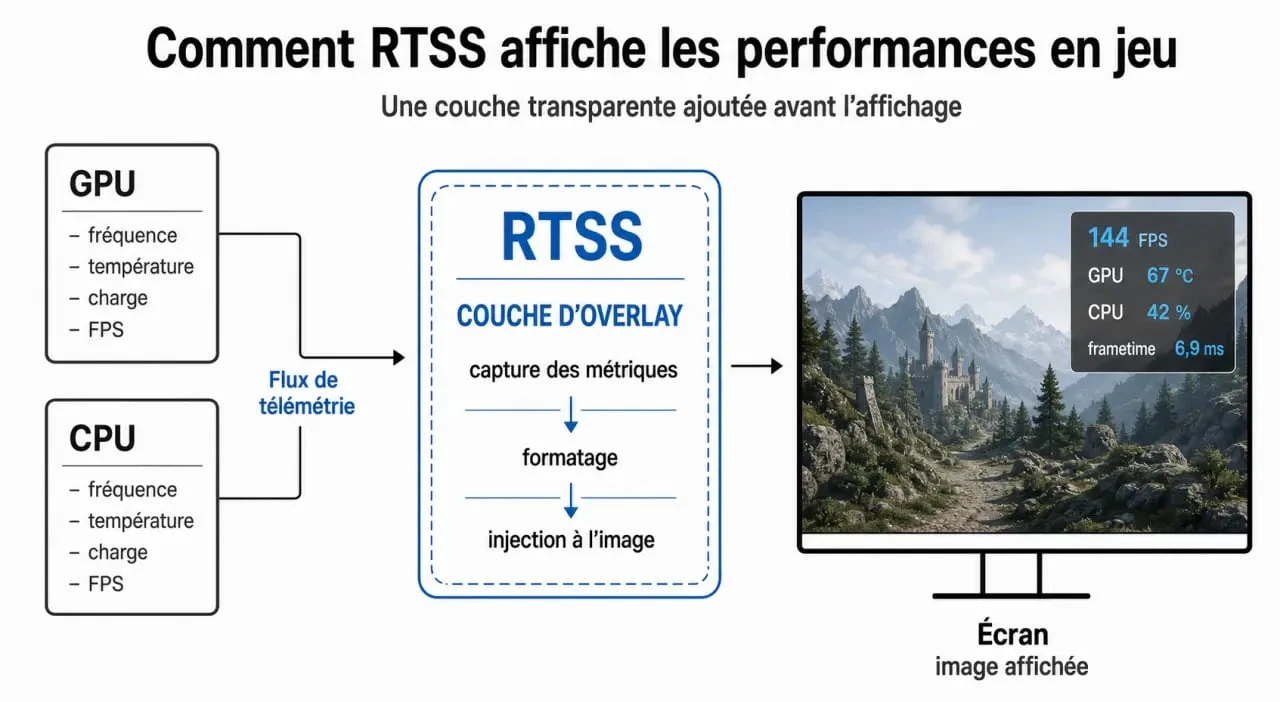 Schéma explicatif du fonctionnement de RivaTuner Statistics Server (RTSS) en tant qu'overlay de monitoring PC.