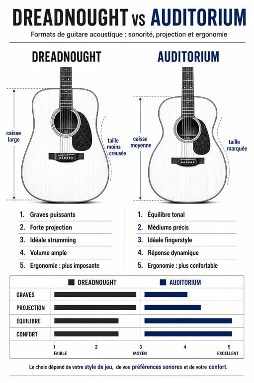Comparatif visuel des formats de guitare acoustique pour choisir la meilleure guitare acoustique selon son style de jeu