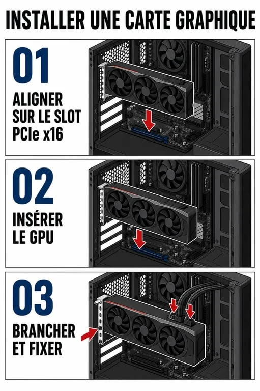 Comment installer une carte graphique dans un PC ouvert, avec les étapes d’insertion dans le slot PCIe et de branchement de l’alimentation