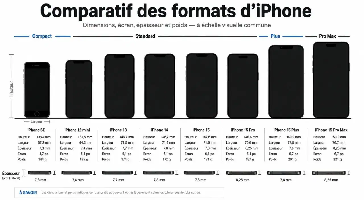 Comparatif taille iPhone avec plusieurs modèles alignés à la même échelle